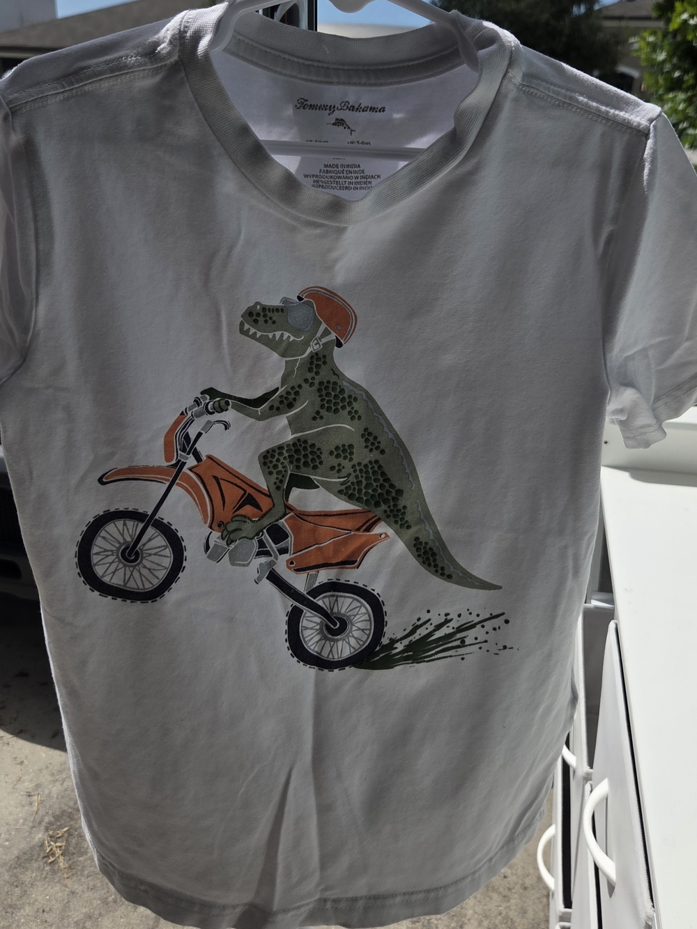 Tommy Bahama White Tee with Green Dino on Orange Dirt Bike